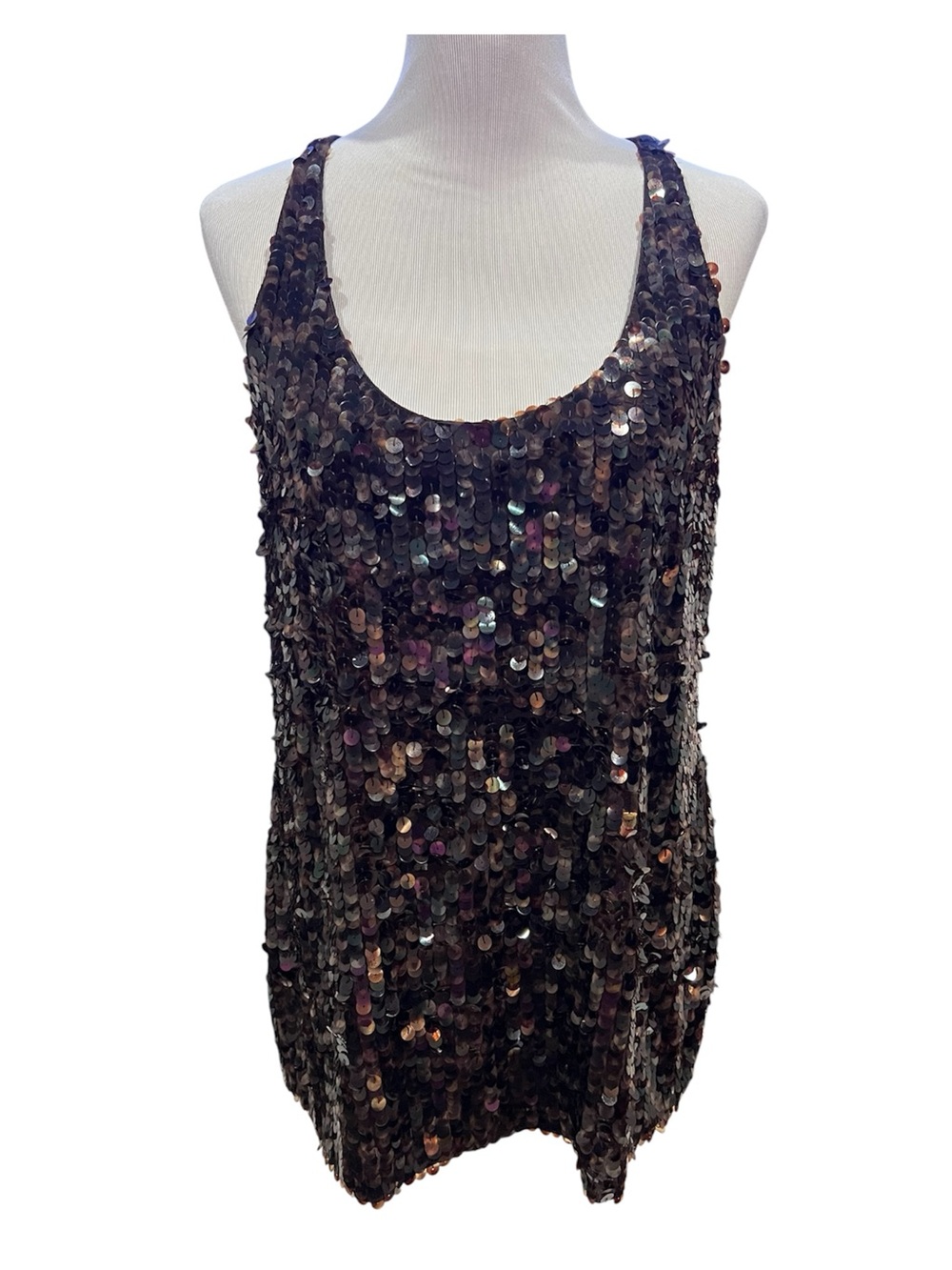 Yansi Fugel Brown Tortoise Sequined Sequin Sleeveless Top Size Large NWT